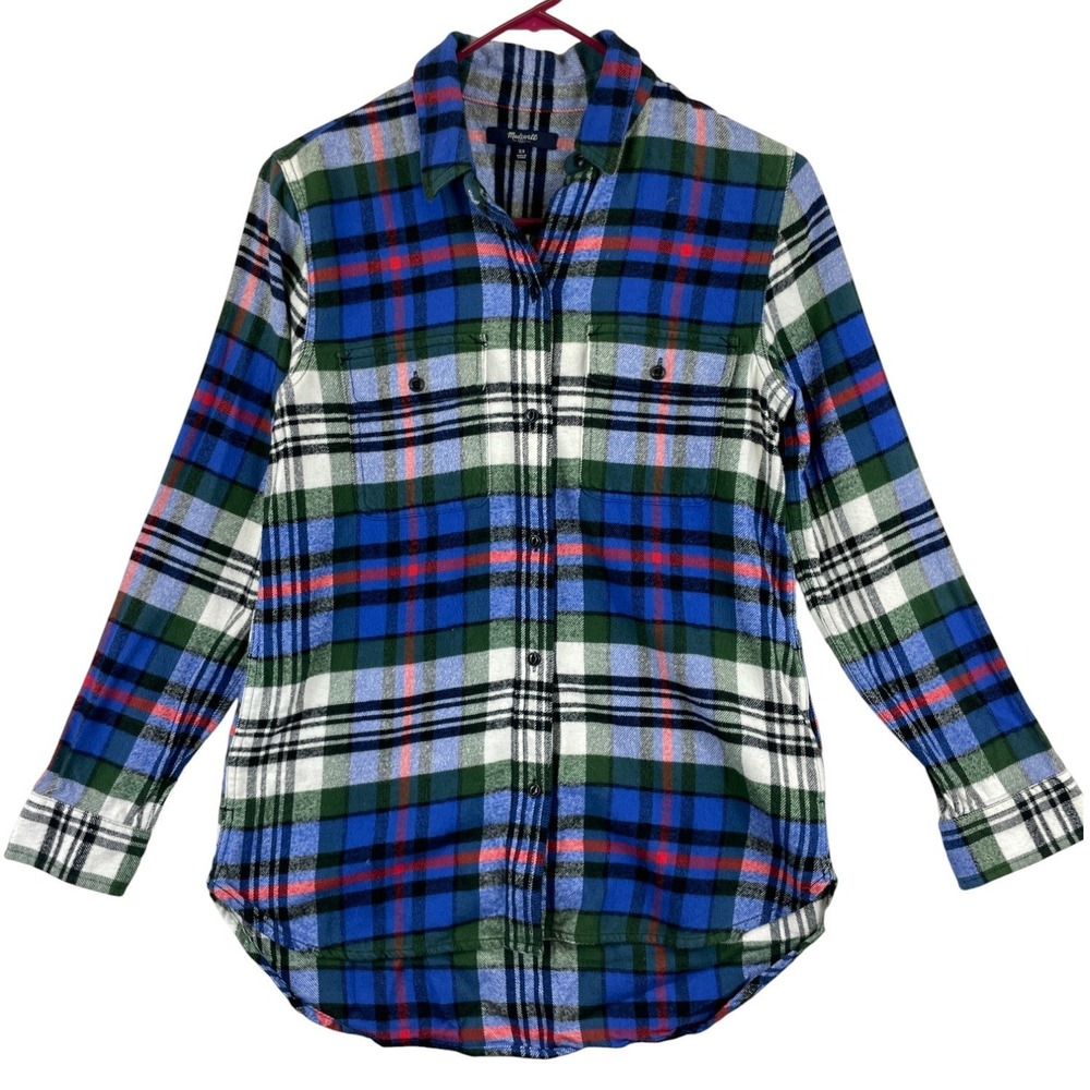 Madewell‎ Flannel Shirt Women's XS Blue Green White Plaid Long Sleeve Top
